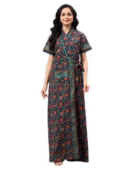 Women Cotton Printed Maxi Nighty | Front Open Night Gown with Pocket | Regular Fit Sleepwear & Housecoat 1008-image-41