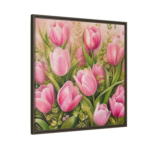 Tableau tulipes roses encadré 75x75 cm toile style ancien de salon