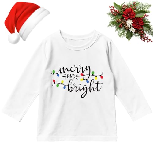 Potia Toddler Christmas Long Sleeve Shirts Girls Boys Merry and Bright Shirt Christmas Lights Xmas Holiday Kids Tops White