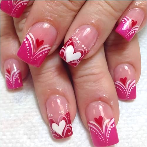 Press on Nails Medium Square Heart Fake Nails Press ons Red Pink French Tip Artificial False Nails Glossy Glue on Nails White Lines Acrylic Stick on Nails for Women 24 Pcs