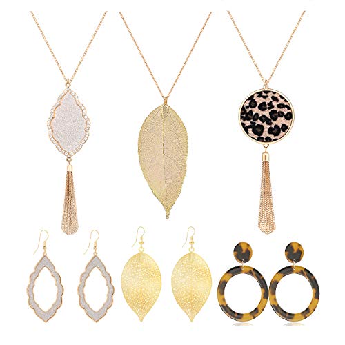 Leopard Print Long Pendant Necklace Dangle Drop Earrings Set for Women Girls Leaf Tassel Necklace Tortoise Shell Acrylic Resin Earrings 6 PCS