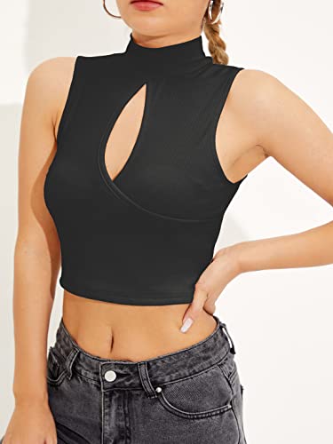 Image of Shasmi Women's & Girl's Black and Maroon Solid Ribbed High Neck Stand Collar Sleeveless Slim Fit Cut Out Tank Tops (Top 43)