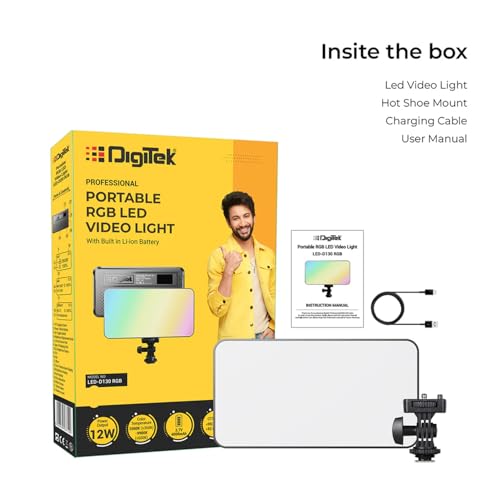 Image of Digitek (LED-D130 RGB) 12W Portable Video LED Light, 130pcs LED with 2500K±9900K, Built-in 4000mAh Battery, 21 FX Modes, HSI 360, 0-100% Brightness Control, 1 /4 inch Screw Mount, for Photo & Videography