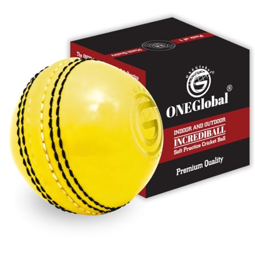 ONEGlobal Incrediball Soft Practice Cricket Ball | Outdoor & Indoor Rubber Cricket Ball With Core & Stitched Seam | For Practice Training & Family Fun | Senior & Junior Size (1 Yellow Senior)