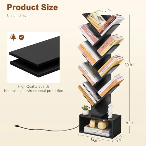 Image of Hoctieon 9 Tier Tree Bookshelf, Tall Bookcase, Freestanding Book Shelf with LED Lights, Display Floor Standing Storage Shelf, Book Organizer Shelves for Home Office, Living Room, Black