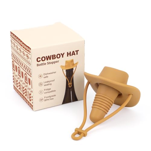 Cowboy Hat Wine Bottle Stopper, Funny Cute Silicone Wine Plug Decorative Topper Champagne Prosecco Glass Bottle Keeper Cork Cover Cap Accessories Gifts Kitchen Gadgets to Seal and Keep Fresh (Brown)