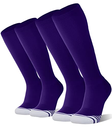 FITRELL 2 Pack Baseball Soccer Softball Socks for Kids Youth Men & Women Over-the-Calf Knee High Socks Sports Tube nfl Purple Medium