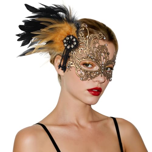 GUXIMIAR Lace Masquerade Mask for Women Mardi Gras Rhinestone Mask with Feather 1920s Venetian Party Accessories Gold
