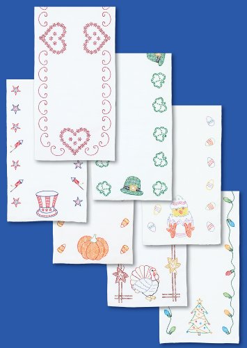 Jack Dempsey Needle Art 580680 Holidays of The Year 7-Piece Table Runner, 15-Inch by 42-Inch, White