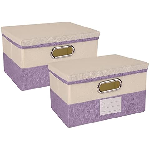 ANMINY 2PCS Storage Bins Set Cotton Linen Fabric Basket Foldable Washable Lidded Shelf Box Cube Container with Removable Lids Handles Label Window Pocket Thick PP Plastic Board - Purple, Small Size Cover