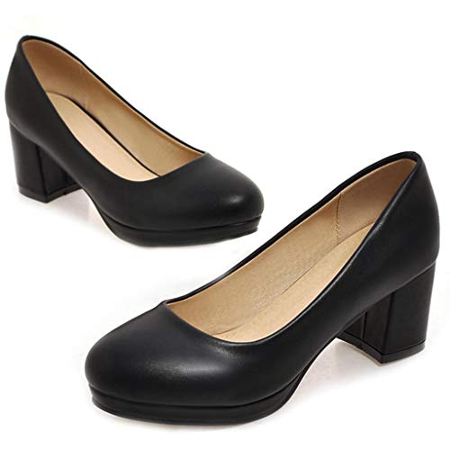 MIOKE Women's Round Toe Chunky Mid Heel Pumps Slip-On Platform Comfort Casual Formal Work Office Shoes2