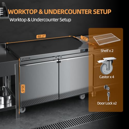 Image of Coolski Commercial Freezer, 48 inchW Double Door Under Counter Freezer with 13.4 Cu.ft., -13℉to -5℉ Stainless Steel Fan Cooling Worktop Freezer for Restaurant, Bar, Kitchen, Food Truck