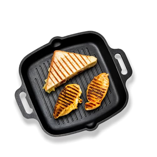 Image of Add2Cart Black, 100% Pure & Toxin-Free, No Chemical Coating, Medium, 26.3 cm /10.5 inch, 1.8Ltr, 3kg Pre-Seasoned Cast Iron Grill Pan with Double Handle that is Induction Friendly