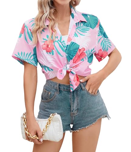 Image of SANGTREE Girls & Women's Hawaiian Shirts Button Down Short Sleeve Floral Tropical Shirt Beach Vacation Blouse Tops