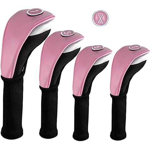 Andux 4pcs/Set PU Golf Wood Club Head Covers 460cc Driver Covers with Long Neck Pink Cover