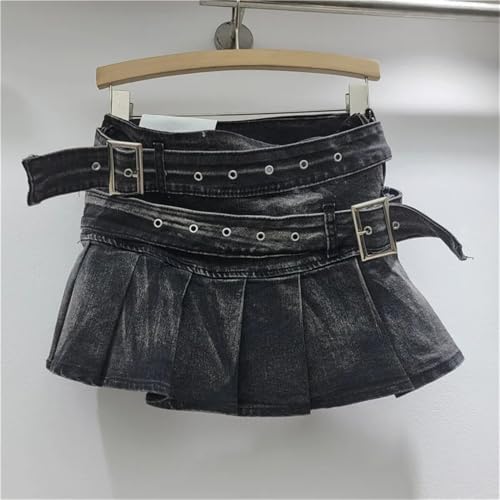 Women's Denim Skirts Splice Double Belt Folds Solid Color A-Line Washed Low Waist Short Skirts4