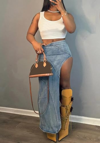 Women's Casual High Waist Denim Skirt Long Split Asymmetric Zipper up Maxi Skirts Stretch Jean Skirt2