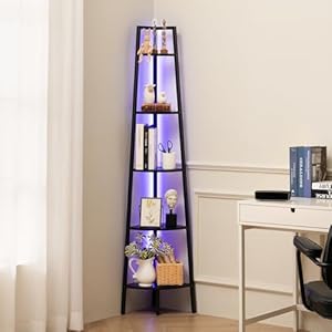 Yoobure Corner Shelf Stand, 5-Tier Corner Bookshelf with LED Light Corner Shelves for Bedroom, Tall Corner Book Shelf with Steel Frame Corner Bookcase Book Shelves Display Shelf for Living Room Office