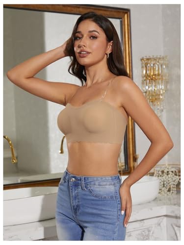 OYOANGLE Women's Scallop Trim Strapless Bandeau Bra Non Slip Padded Wireless Bralettes with Clear Straps4