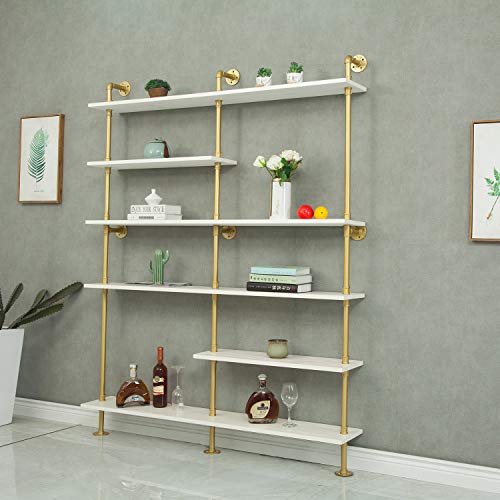 Wgx Design For You Industrial 6-Tiers Modern Ladder Shelf Bookcase,Solid Wood Storage Shelf,Display Shelving, Wall Mounted Wood Shelves, Pipe Wood Shelves Bookshelf (White) #TOP5