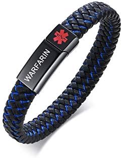 PJ JEWELLERY Custom Engraving Braided Genuine Leather Medical ID Wristband Mens Medical Alert Leather Bracelet with Stainless Steel Magnetic Clasp