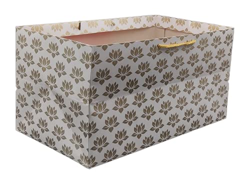 Image of Arrow Paper Products Rectangular Golden Lotus Printed Paper Gift Bags for Baby Shower Return Gift, Small Presents, Weddings, Birthday, Holiday Presents (Pack of 50, 34.29 x 19.05 x 17.78 Cm)