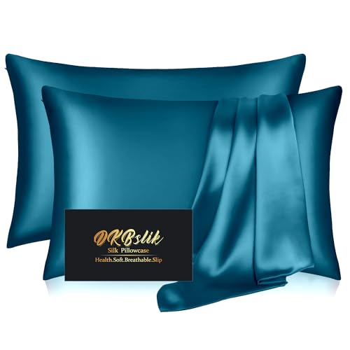 Silk Pillowcase 2 Pack, Natural Mulberry Silk Pillow Case, Anti Acne Silk Pillowcase for Hair and Skin, King Size Silk Satin Pillowcase Set of 2 with Hidden Zipper, Gifts for Women Men, Teal