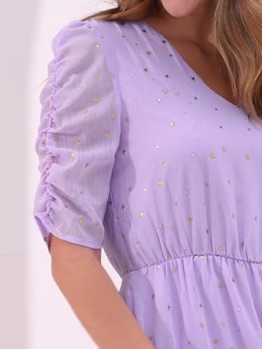 Image of Allegra K Chiffon Dress for Women's Metallic Stars Ruched Sleeve V Neck A-line Dress