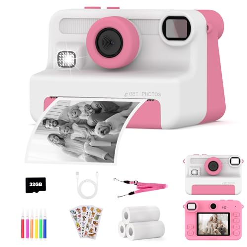 Câmara fotográfica instantânea para crianças, câmara fotos infantis instantânea para 3-12 anos, 3 rolos de papel, autocolantes, canetas e 32 GB, presentes brinquedo para menino menina de 4 5 6 7 8 9