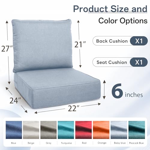 Image of Luxury 6 inch Thick Outdoor Cushion Set 7 - 22x24 Patio Furniture Cushions with 28D High-Density Foam, Water-Resistant & Fade-Resistant Fabric, Removable Covers for Patio Furniture Sofa Couch -Baby Blue