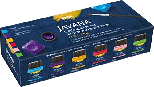 Kreul 90597 - Javana Coffret de Peinture pour Tissu Color Living avec 6 x 20 ML de Peinture à caractère pâteux et Pinceau, pour Tissus clairs et foncés, résistant au Lavage après Fixation