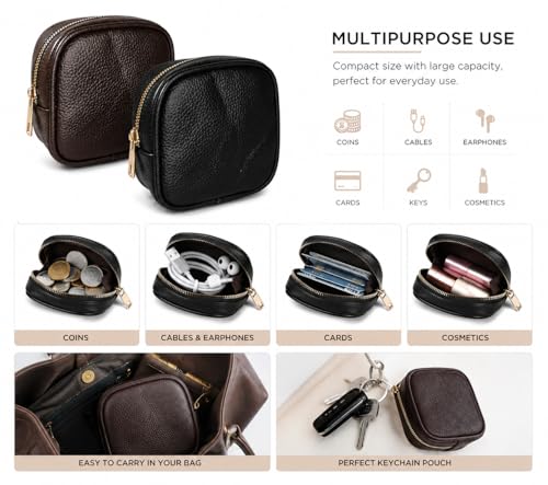 Image of Small Coin Pouch Combo for Men & Women - Premium Zip Closure Mini Wallet for Coins, Cahrger, Data Cable, Keys & Earphones (Black, Brown, - Pack of 2)