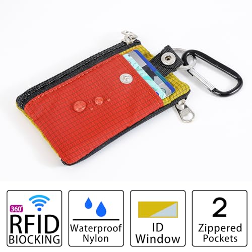 Image of MASAPHlL Small Lanyard Wallet for Women /Men with RFID Blocking ID Card Wallet, Minimalist Nylon Zipper Pouch, Travel Neck Wallet with Keychain, ID Window for Card,Coin,Cash (Deep red+Golden Yellow)