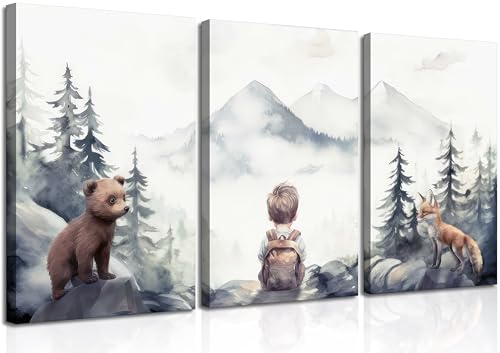 Image of 3Pcs Boy Adventure Nursery Canvas Wall Art Woodland Animals Bear & Fox Wall Decor Picture Watercolor Mountain Kid Posters Prints for Classroom Baby Room Decorations (16x24in Canvas)