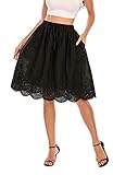 Love Welove Fashion Women's A-line Flared Embroidered Below Knee Length with Lining Knee Length Skirt (M, Solid Black)