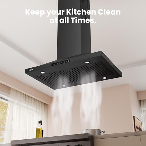 Image of VIKIO HOME Island Range Hood 30 Inch, 390 CFM kitchen Hood with Touch /Gesture Control, Ceiling Mount Kitchen Vent Hood, Convertible Ducted /Ductless, 3-Speed Fan&4 LED Lights, 2 Baffle Filters, Black