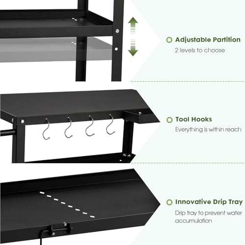 GVGBUK Outdoor Grill Cart Table,Indoor and Outdoor Pizza Oven Table,with 4 Movable Total Lock Casters, Hooks, Side Handle Multifunctional (Black)