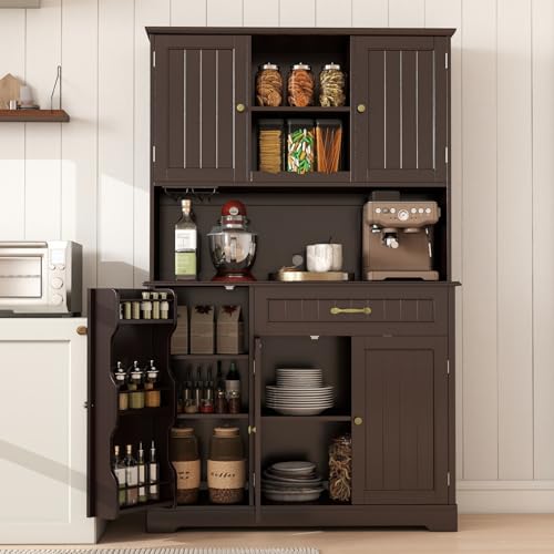 Image of Gizoon Kitchen Hutch Cabinet Kitchen Hutch Storage Cabinet Tall Pantry Coffee Bar with Storage for Dining Room and Craft Room, Painted Dark Brown