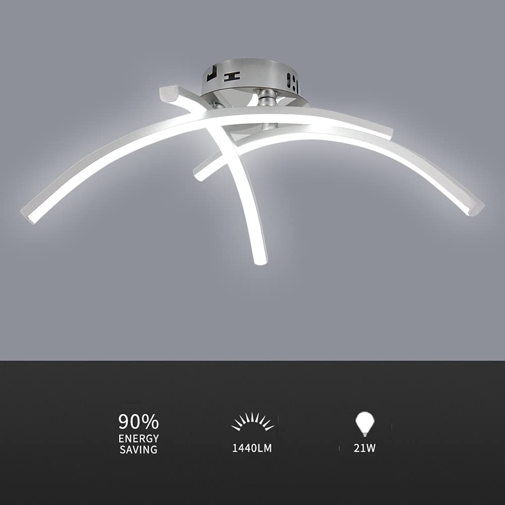 DAXGD LED Ceiling Light, 21W Modern Curved Design LED Ceiling Ligts, 3 Built-in LED Boards Cold White 6500K Metal Flush Mount Ceiling Light Fixture for Living Room Bedroom Kitchen Hallway