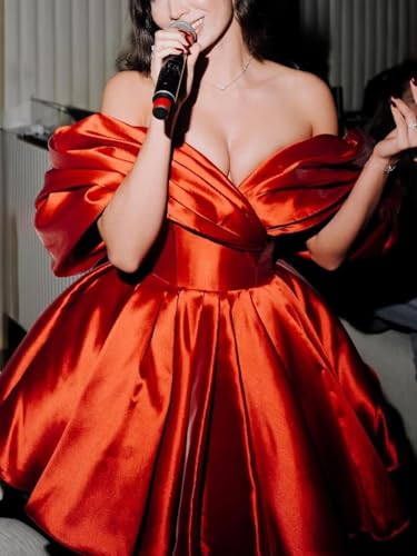 SHANDUAO Off Shoulder Short Homecoming Dresses Satin A Line Ruffles Prom Cocktail Party Gowns with Pockets HC0014