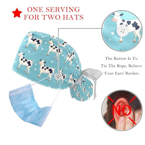 Image of 2 PCS Bouffant Cap with Button Ponytail Pouch Working Cap Sweatband Adjustable Surgical Cap Black and White Cow