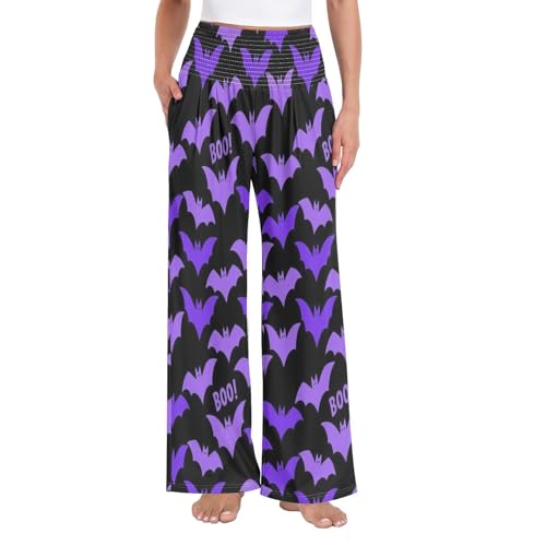 Pantalon palazzo Halloween violet pour femme à motif chauve-souris et taille haute