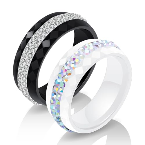 Image of PAMTIER Unisex Ceramic 8mm Personality Simple Multi-Faceted Rhombic Cut 2 Lines Rows Crystal Zircon Inlay Ring Eternity Wedding Band