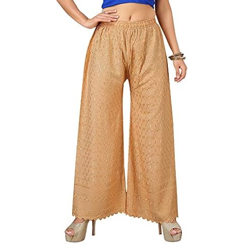 ANIIQ Premium Quality Rayon Chikan Work Palazzo Pants for Girl & Women|Casual Home Wear, Going Out, Yoga, Beach, Vacation in Every Season with Layered Design, Color- Beige Cover