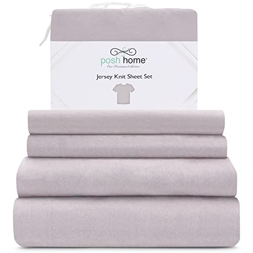 Posh Home Twin Size Jersey Knit Sheet Set, 3-Piece - Soft & Breathable All-Season Cotton Blend with Deep Pockets - Flat Sheet, Fitted Sheet & 1 Pillowcase - Lilac Haze by Posh Home - Used condition - US$29.32