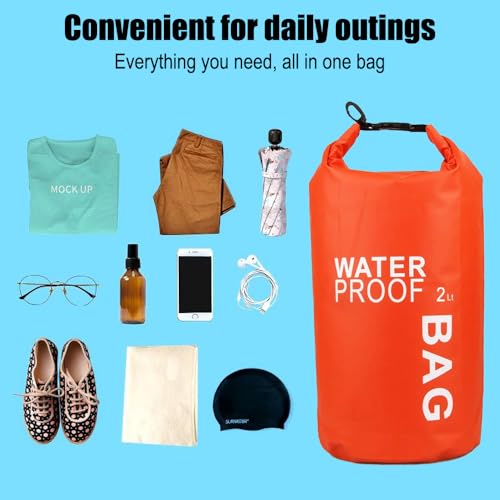 Bolsa seca impermeable de 2L, ligera y compacta con cierre enrollable para kayak, natación, camping y playa, resistente al agua, color naranja miniatura 3