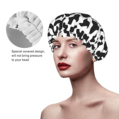 Image of Black And White Cow Skin Abstract Animal Farm Shower Cap For Women Adjustable Double Waterproof Layers Bathing Bath Cap Hair Protection Reusable Ladies Spa Salon Shower Hat