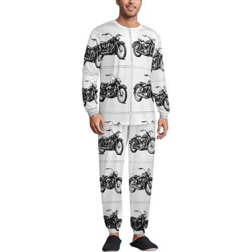Black And White Motorcycle Soft Mens Pajamas Set Round Neck Pullover Long Sleeve And Pants Loungewear 2 Piece Pjs Set