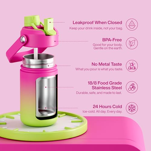 Image of Kids Insulated Water Bottle with Straw - 12oz Stainless Steel Water Bottle with Dual Spouts, Leak-Proof, BPA-Free, Double Wall Vacuum Keeps Cold for 24 Hours for Sports, Travel, School (Lime Sorbet)