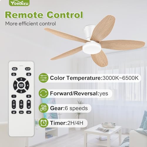 Image of Ceiling Fans with Lights - 42 Inch White&Wood Flush Mount Ceiling Fan 6-Speed Wind, Quiet Reversible DC Motor, 3 Color Dimmable Lighting, Small Low Profile Ceiling Fans for Living Room /Bedroom